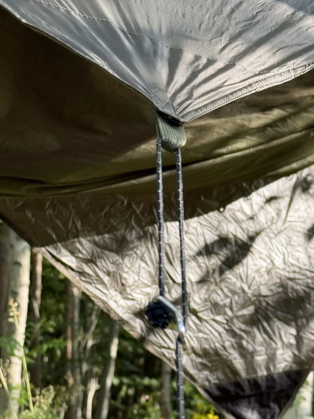 Elastisk lina och tie-out på undersidan av asym tarp