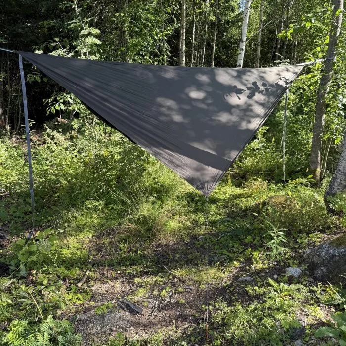 Asymmetrisk hammocktarp uppspänd i björkskog med den asymmetriska skärningen synlig